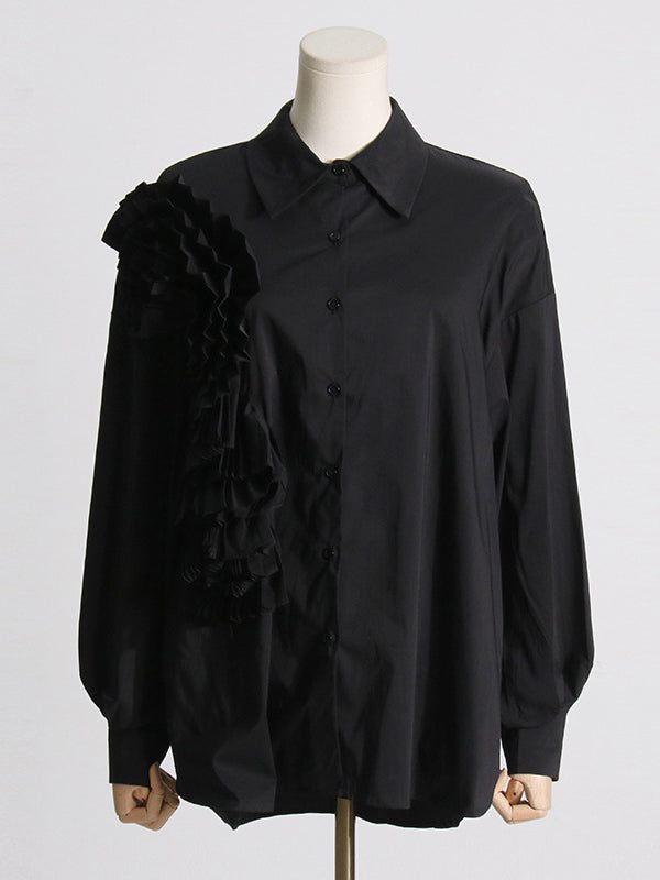 Asymmetric Buttoned Pleated Solid Color Split-Joint Three-Dimensional Flower Long Sleeves Loose Lapel Blouses&Shirts Tops