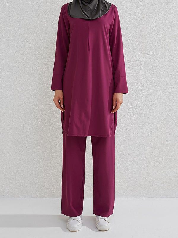 Round-Neck Long Sleeves Pockets Solid Color Split-Side Shirts Top + Pants Bottom Two Pieces Set
