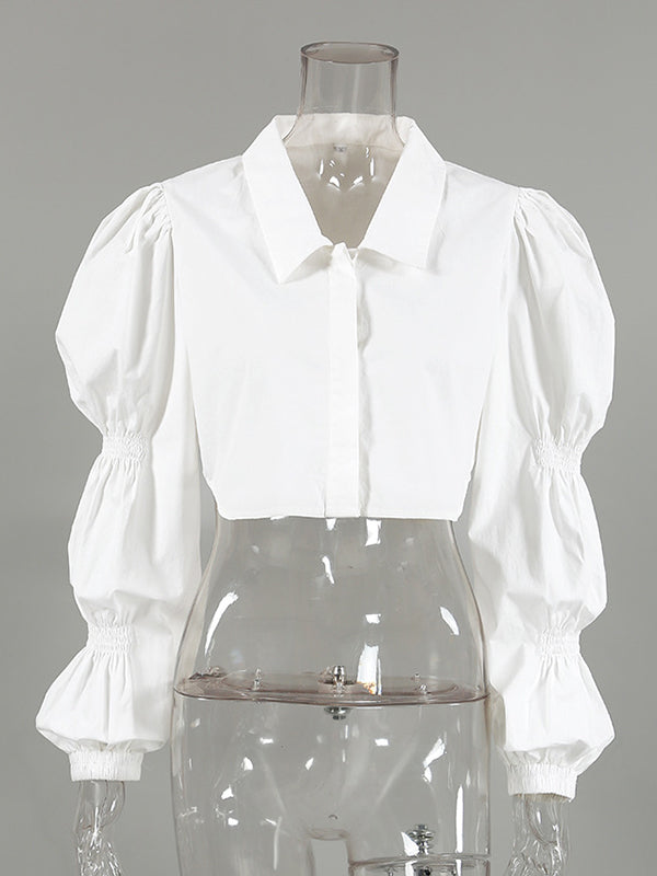 Buttoned Elasticity Solid Color Bishop Sleeve Long Sleeves Lapel Blouses&Shirts Tops