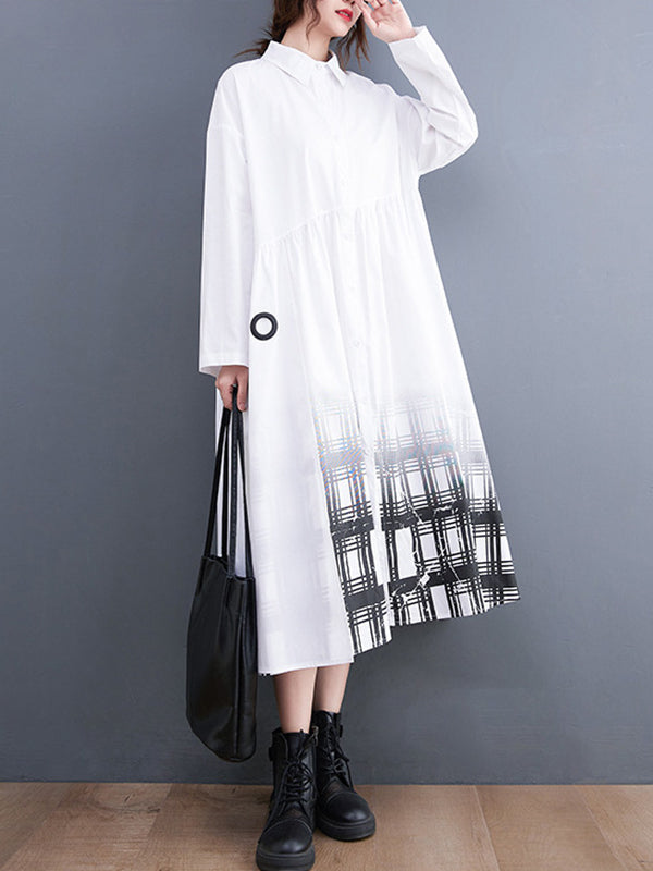 Buttoned Gradient Plaid A-Line Long Sleeves Lapel Midi Dresses