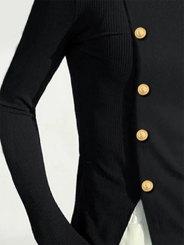 Buttoned Solid Color Long Sleeves Skinny High Neck T-Shirts Tops
