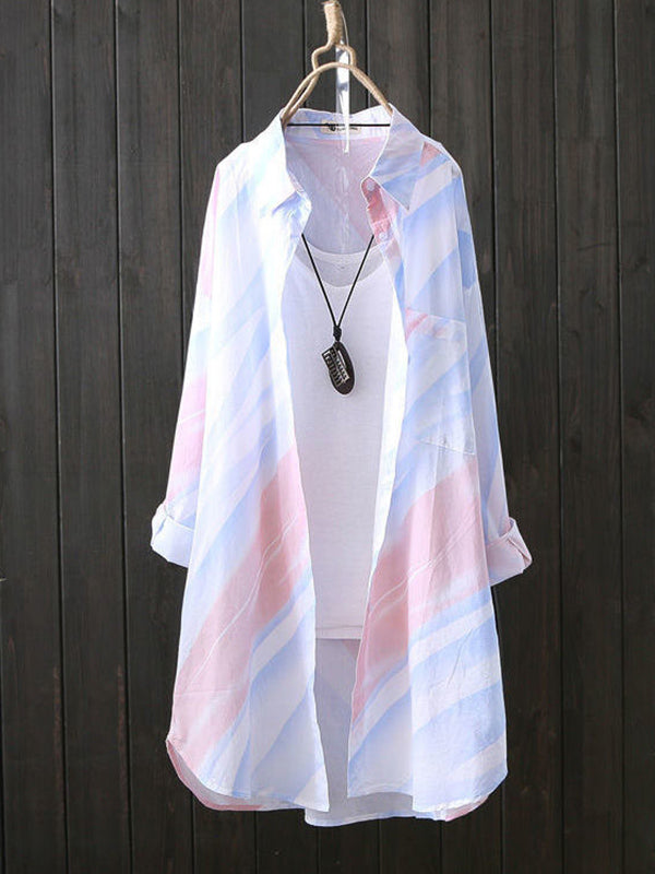 Printed See-Through Long Sleeves Loose Lapel Shirts Tops