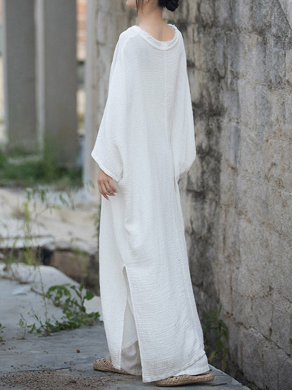 Solid Color Split-Joint Split-Side Batwing Sleeves Round-Neck Midi Dresses