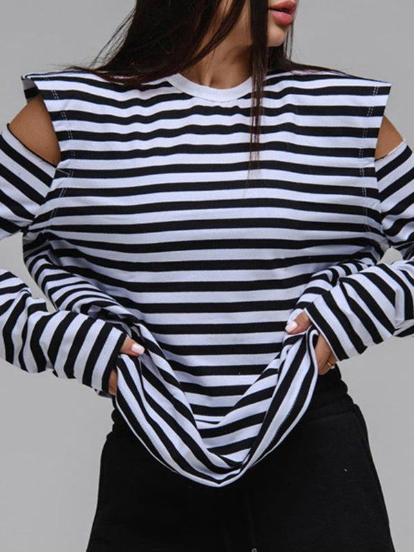 Contrast Color Hollow Striped Long Sleeves Loose Cold Shoulder T-Shirts