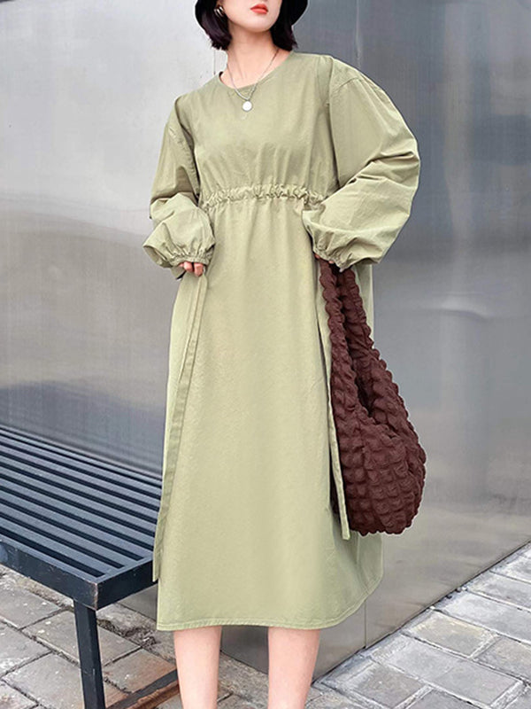Elasticity Pleated Solid Color A-line Long Sleeves Round-neck Midi Dresses