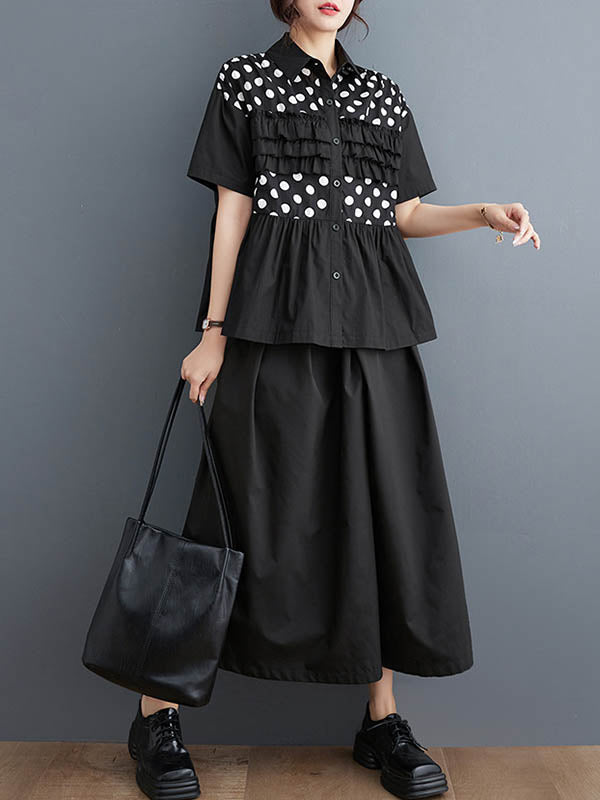 Contrast Color Pleated Polka-Dot Split-Joint Loose Short Sleeves Lapel Blouses