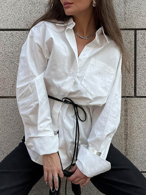 Buttoned Pockets Solid Color Long Sleeves Loose Lapel Blouses&Shirts Tops