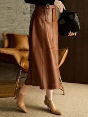 Belted Buttoned Pockets Solid Color Split-Joint Zipper A-line High Waisted Skirts Bottoms