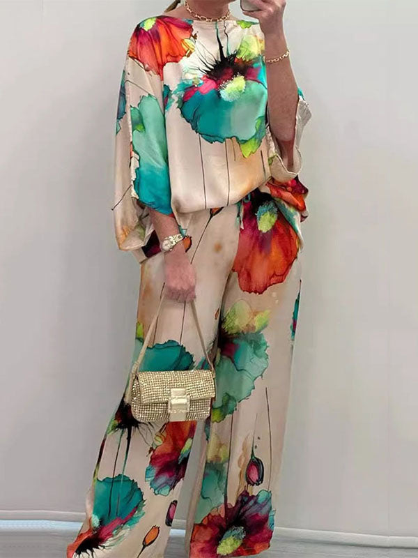 Elasticity Printed High Waisted Loose Trousers Pants