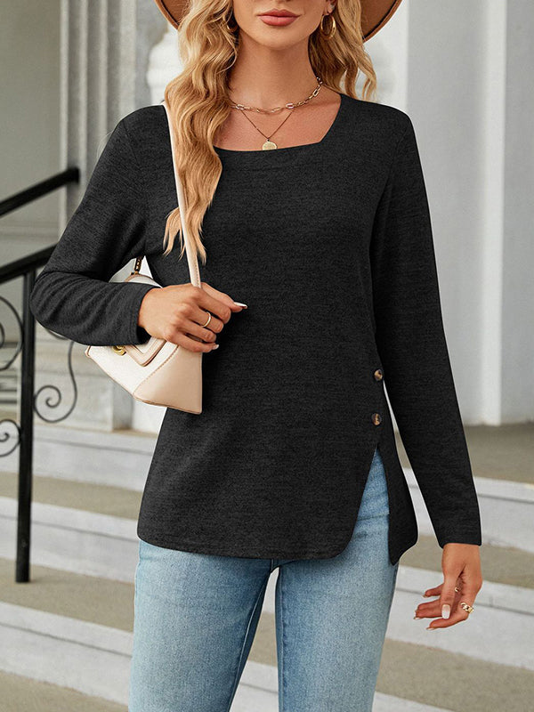 Asymmetric Buttoned Solid Color Split-side Long Sleeves Loose Square-neck T-Shirts Tops