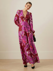 Contrast Color Flower Print Hollow Split-Joint Twist Elasticated Waist Long Sleeves Deep V-Neck Maxi Dresses