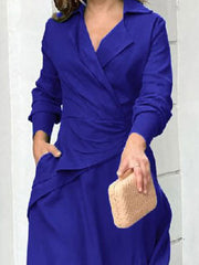 Pleated Pockets Solid Color Split-Joint Split-Side Elasticated Waist High Waisted Lapel Maxi Dresses