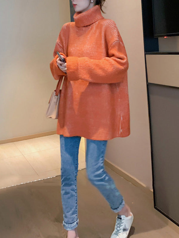 Original Loose Contrast Color High-Neck Long Sleeves Sweater Tops