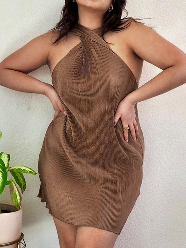 Pleated Solid Color Split-Side Loose Sleeveless Round-Neck Mini Dresses