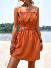 Elasticity Hollow Solid Color Split-Joint A-Line Loose Spaghetti-Neck Mini Dresses