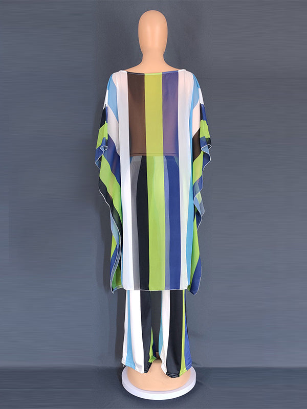 Contrast Color See-Through Split-Side Striped Batwing Sleeves Loose Two Pieces Set Pants Set