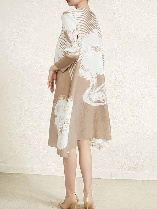 Pleated Printed Long Sleeves Loose Round-neck Midi Dresses