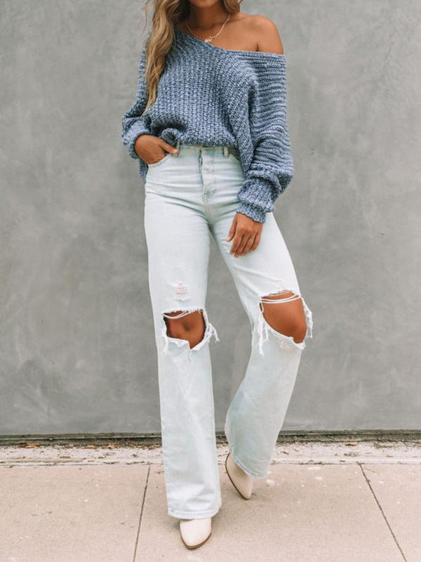 Solid Color Long Sleeves Loose V-Neck Sweater Tops Pullovers Knitwear