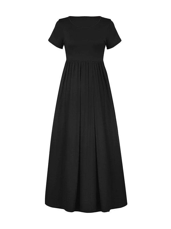 Pleated Pockets Solid Color Split-Joint High Waisted Short Sleeves Round-Neck Maxi Dresses