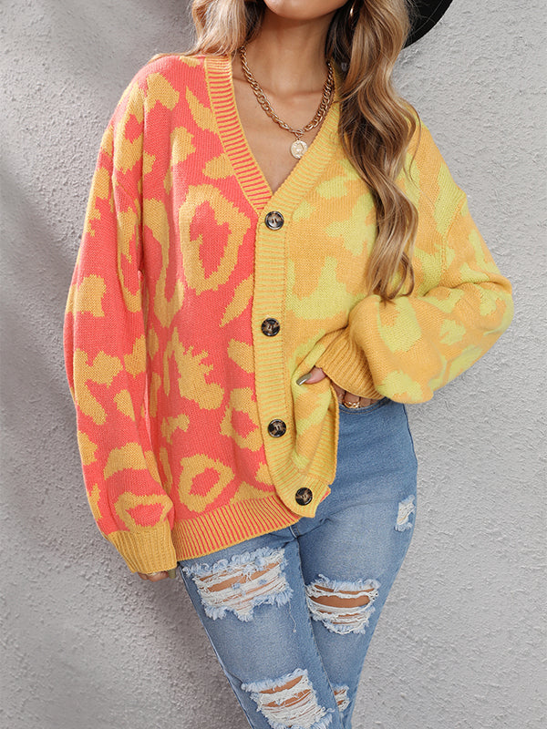 Buttoned Leopard Split-Joint Long Sleeves Loose V-Neck Cardigan Tops