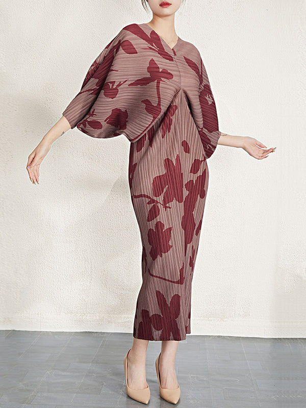 Pleated Printed Batwing Sleeves Loose V-Neck Midi Dresses