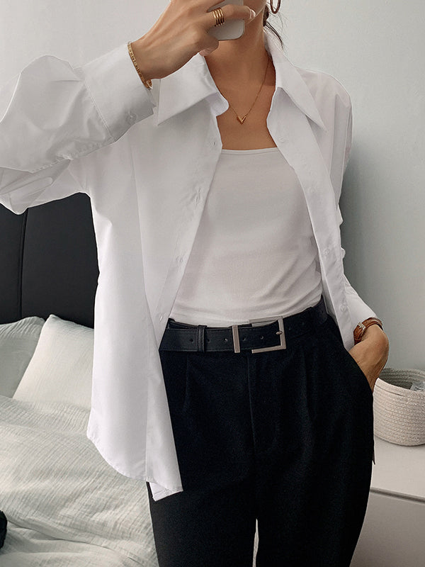 Buttoned Solid Color Long Sleeves Loose Lapel Blouses&Shirts Tops