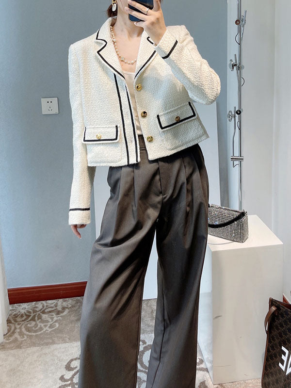 Buttoned Pockets Long Sleeves Loose Notched Collar Woolen Coat Outerwear