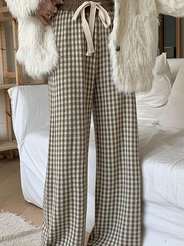 Drawstring Elasticity Plaid High Waisted Loose Trousers Pants
