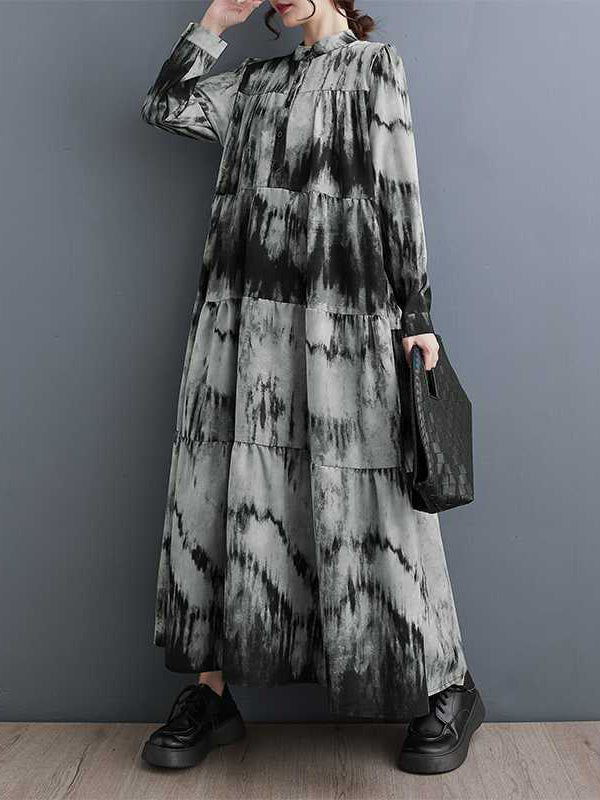 Pleated Printed Split-Joint A-Line Long Sleeves Stand Collar Midi Dresses