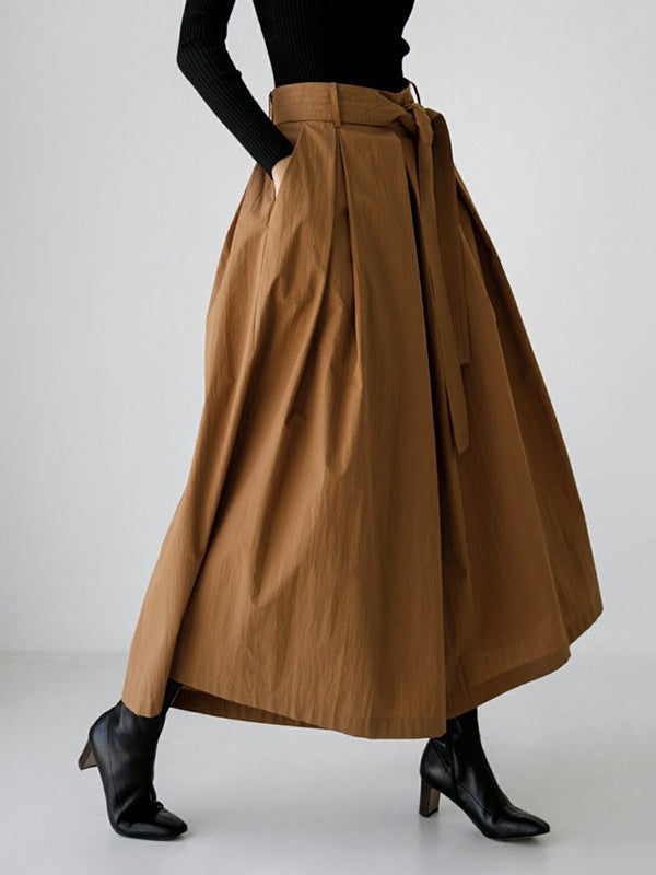 Pleated Solid Color Tied Waist High Waisted Loose Trousers Wide Leg Pants