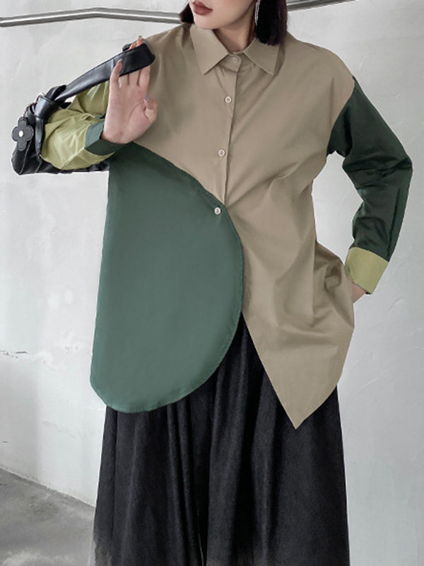 Asymmetric Buttoned Contrast Color Long Sleeves Loose Lapel Blouses&Shirts Tops