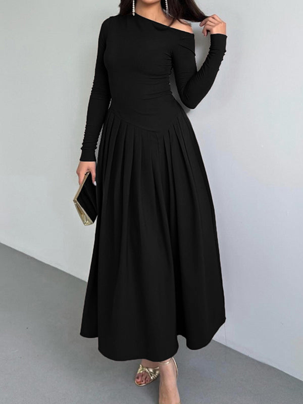 Asymmetric Pleated Solid Color Split-Joint A-Line Bodycon One-Shoulder Maxi Dresses