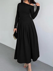 Asymmetric Pleated Solid Color Split-Joint A-Line Bodycon One-Shoulder Maxi Dresses