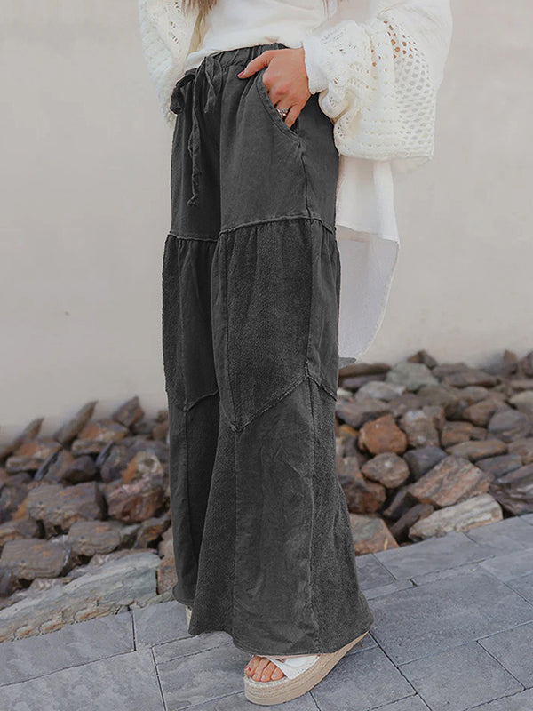 Drawstring Pleated Pockets Solid Color Split-Joint High Waisted Loose Trousers Pants
