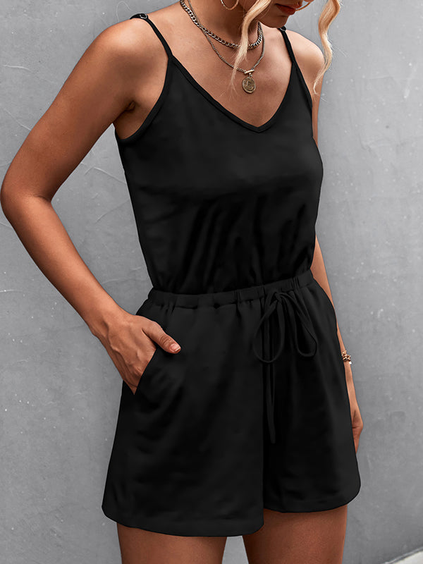 Drawstring Pockets Solid Color High Waisted Loose Spaghetti-Neck Rompers