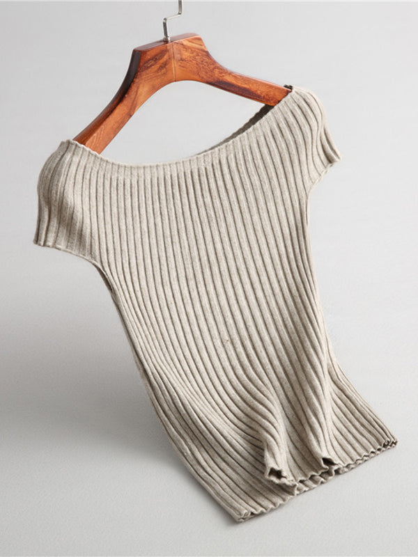 Solid Color Short Sleeves Skinny Boat Neck Sweater Pullovers Knitwear