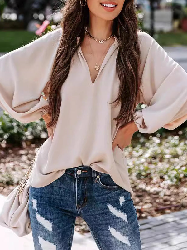 Elasticity Pleated Ruffle Trim Solid Color Long Sleeves Loose Deep V-Neck T-Shirts Tops