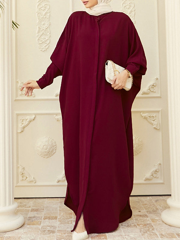 Buttoned Muslim Solid Color Split-Side Batwing Sleeves Loose Round-Neck Muslim Abaya Maxi Dresses