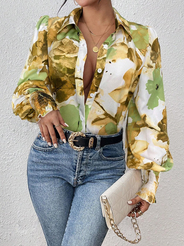 Buttoned Elasticity Flower Print Pleated Long Sleeves Loose Lapel Blouses&Shirts Tops