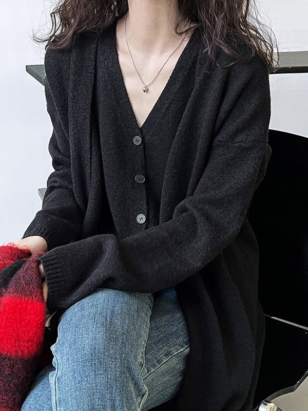Buttoned Solid Color Long Sleeves Loose V-Neck Knit Vest + Cardigan Two Pieces Set
