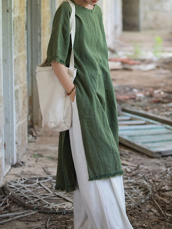 Fringed Solid Color Split-Joint Split-Side Half Sleeves High-Low Round-Neck Midi Dresses