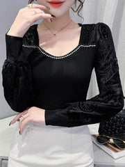Rhine Stones Split-Joint Velvet Long Sleeves Skinny Square-Neck T-Shirts Tops