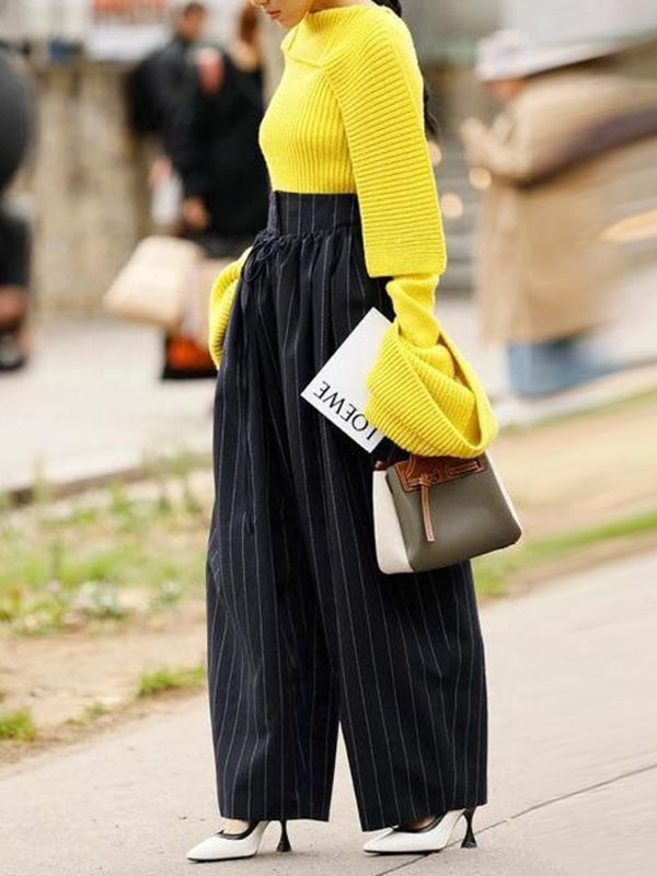 Drawstring Pleated Split-Joint Striped High Waisted Loose Trousers Pants
