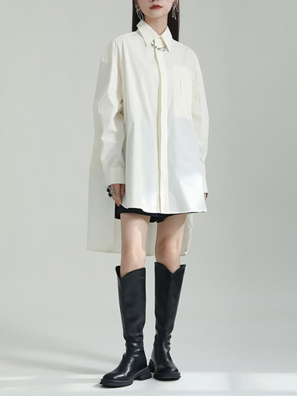Solid Color Split-side High-low Irregular clipping Lapel Shirts Tops