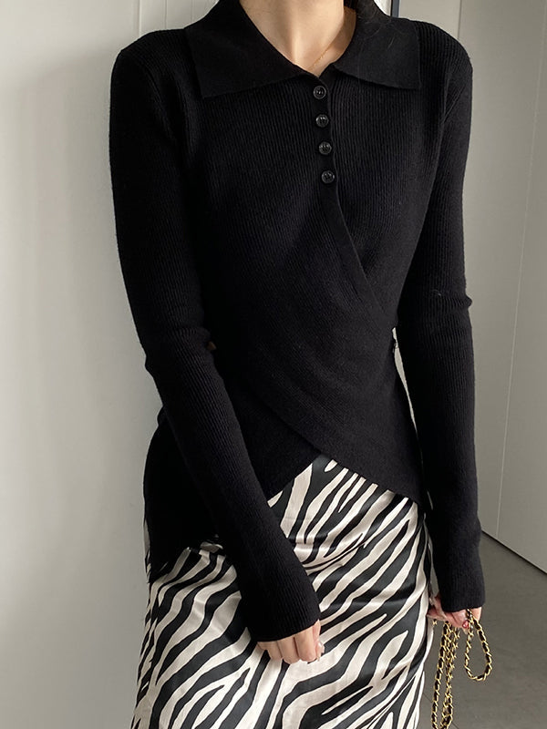 Asymmetric Buttoned Hollow Long Sleeves Skinny Lapel Sweater Pullovers Knitwear