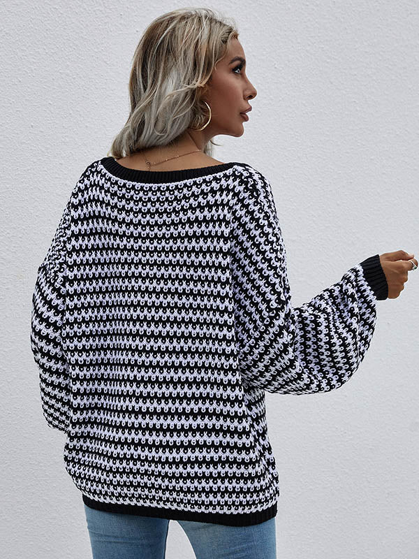 Original Loose Striped 8 Colors V-Neck Long Sleeves Sweater Top