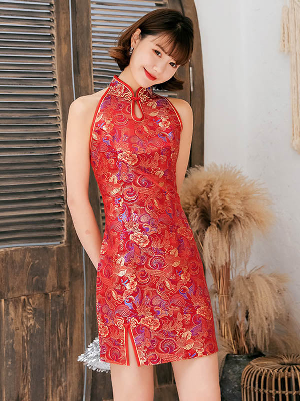 Original Floral Printed Stand Collar Sleeveless Short Cheongsams