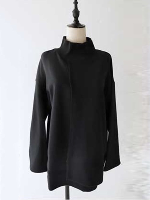 Simple Long Sleeves Loose Asymmetric Split-Joint High-Neck Sweatshirt Tops