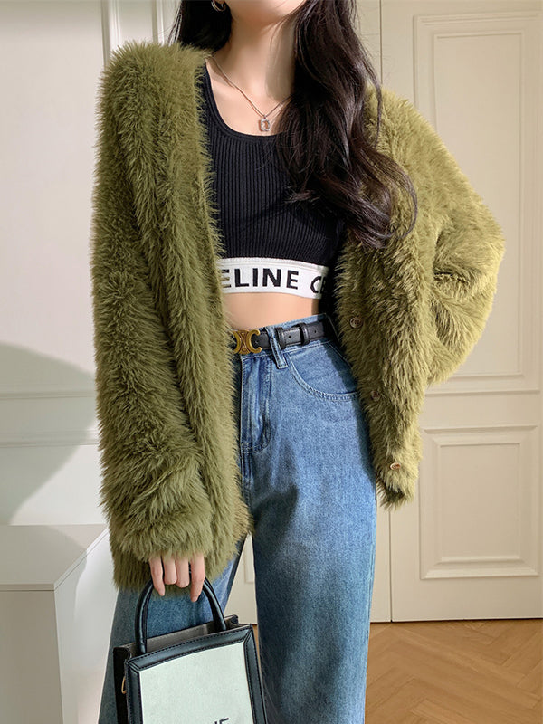 Casual Long Sleeves Loose Solid Color V-Neck Cardigan Tops