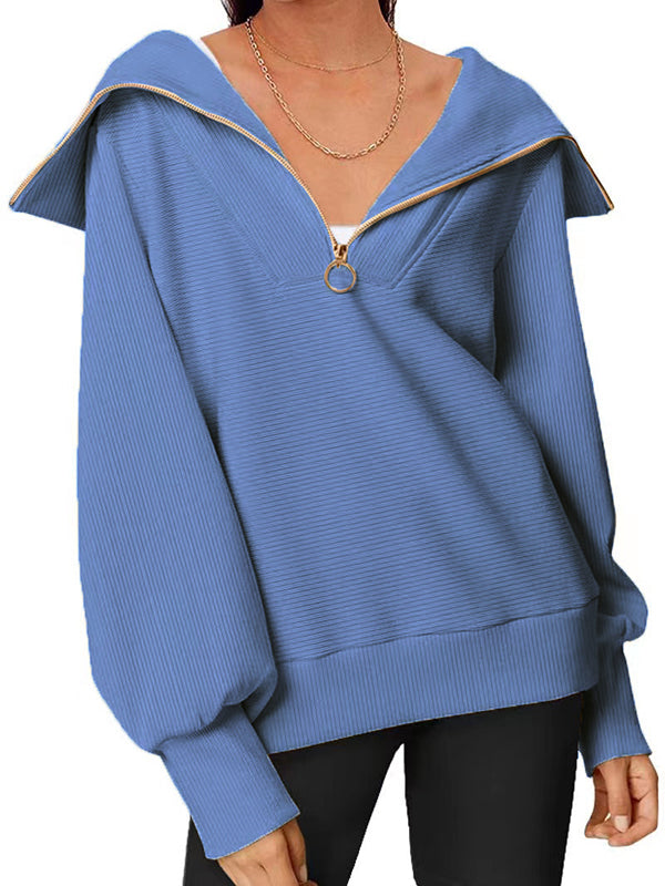 Solid Color Zipper Long Sleeves Loose Lapel Sweatshirt Tops